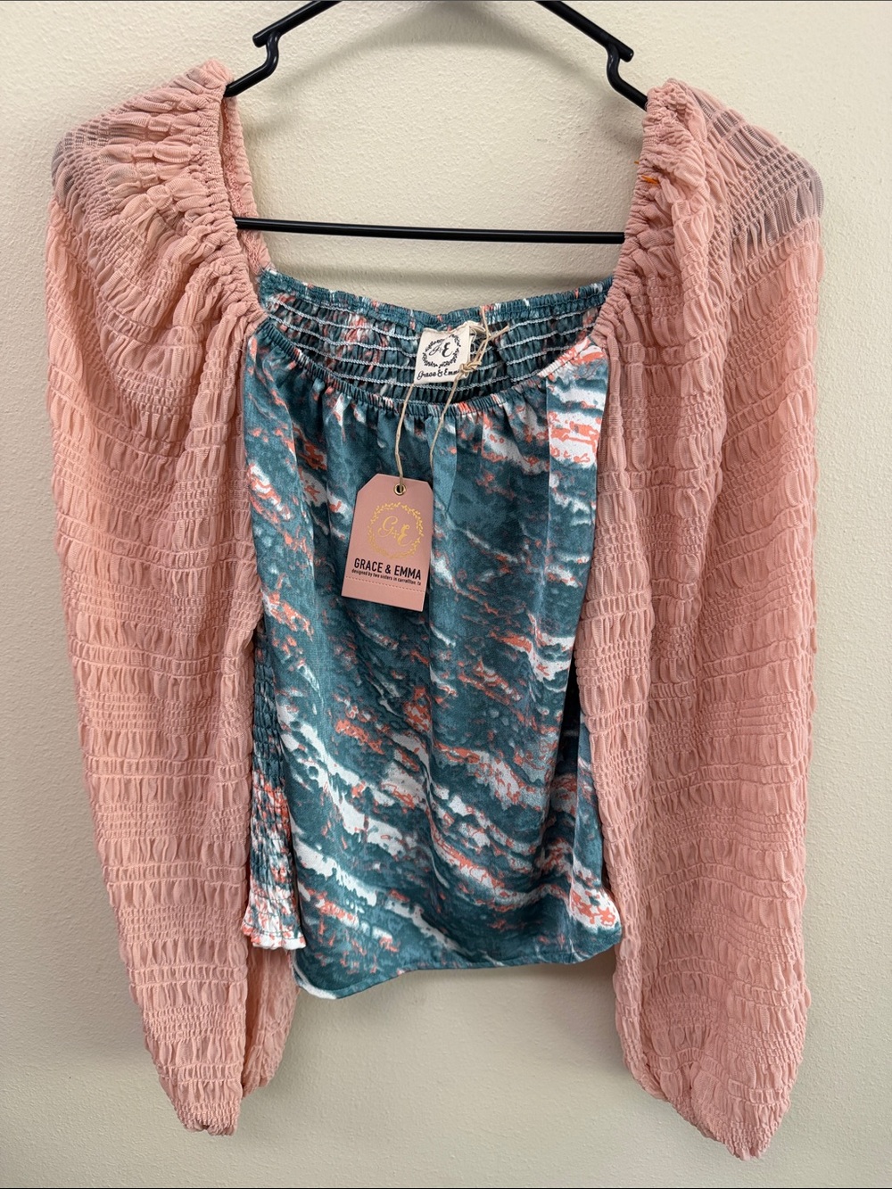 Grace & Emma Pink Smocked Sleeve Layered Top SzS NWT